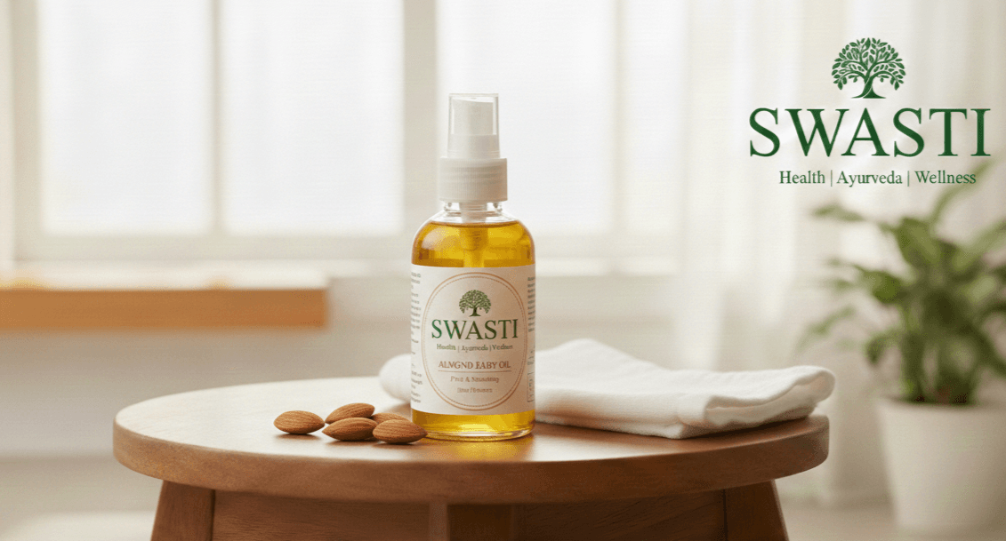 Gentle Almond Baby Oil - SwastiHealth, Swasti, Ayurveda, Wellness, Health, Herbs, Remedies, Blogs, Common Problems, Daily Ritual, Health Guide, Recipes, Fitness, Natural Remedies, Organic, Clean Beauty, Plant-Based, Holistic Healing, Authentic India, Vata Pitta Kapha, Self-Care