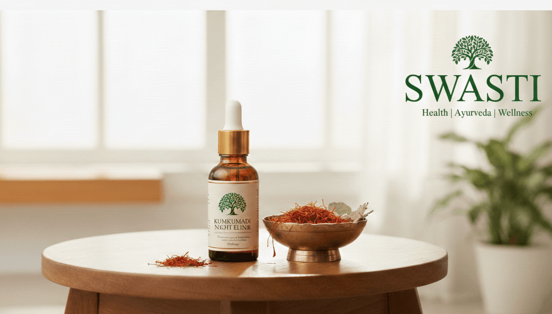 Kumkumadi Night Elixir - SwastiHealth, Swasti, Ayurveda, Wellness, Health, Herbs, Remedies, Blogs, Common Problems, Daily Ritual, Health Guide, Recipes, Fitness, Natural Remedies, Organic, Clean Beauty, Plant-Based, Holistic Healing, Authentic India, Vata Pitta Kapha, Self-Care